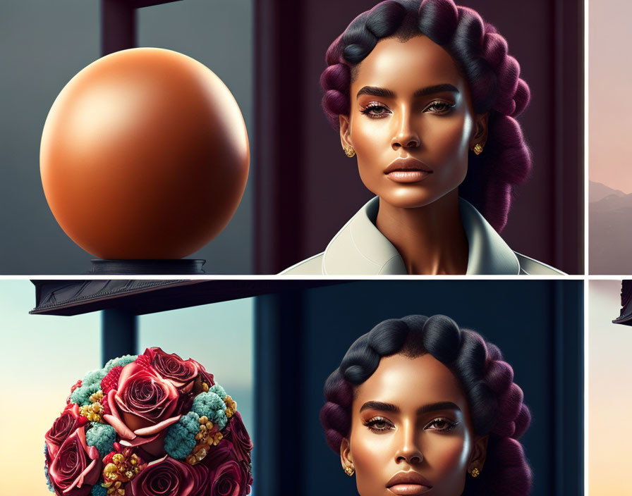 Woman's head transformation from egg to floral arrangement in before-and-after image.