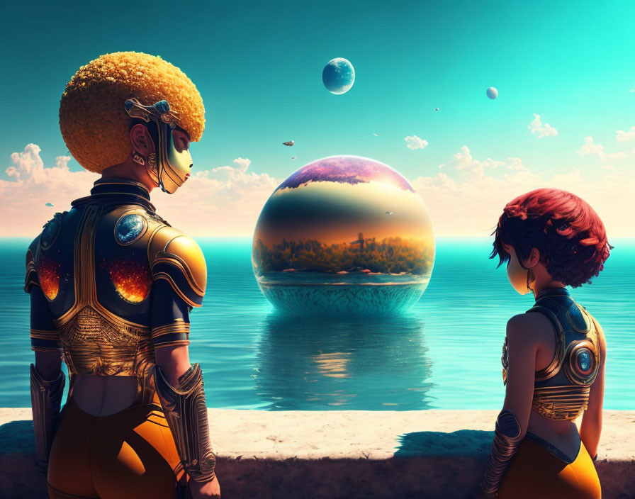 Futuristic individuals in advanced suits with reflective sphere over ocean