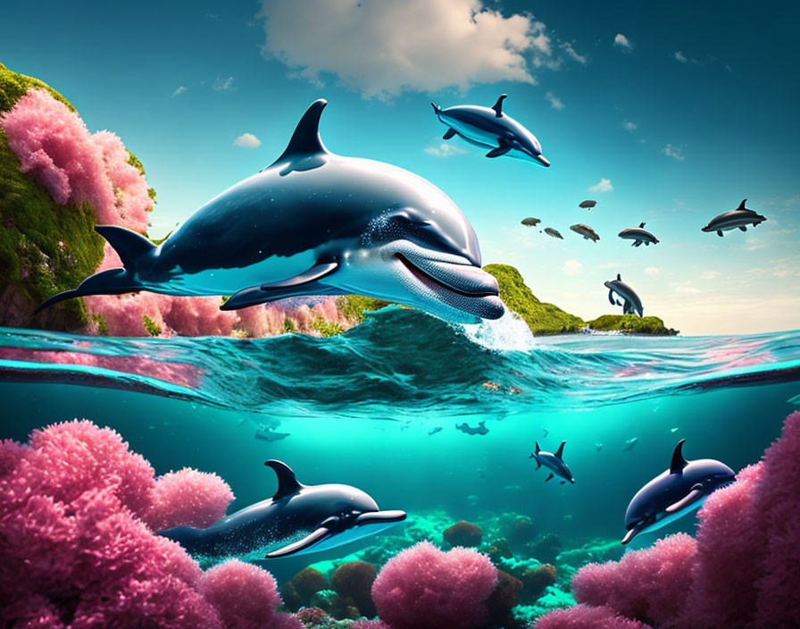 Colorful underwater scene: dolphins among pink coral reefs