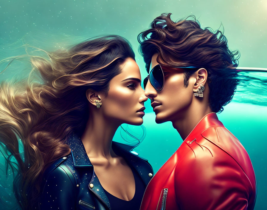 Digital artwork: man in sunglasses and red jacket faces woman in studded jacket with flowing hair, intense