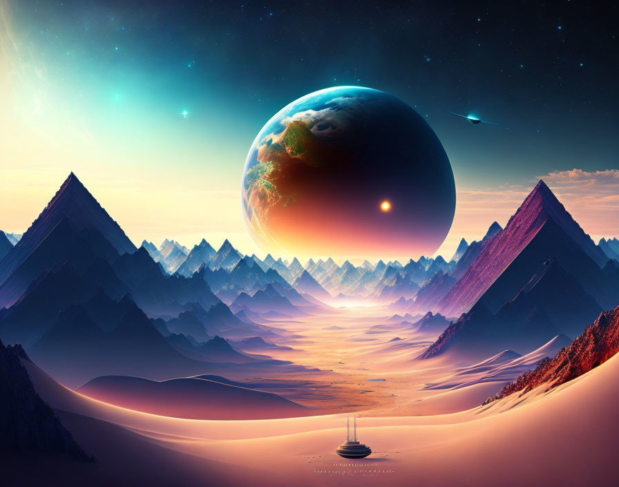 Surreal landscape with large planet, alien desert, pyramidal mountains, starry sky,