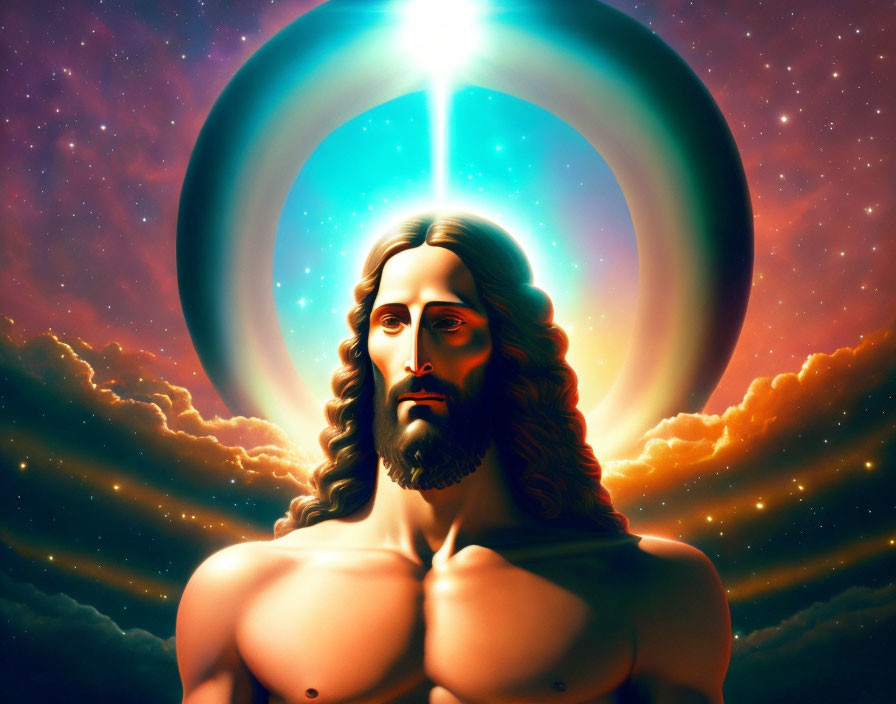 Figure with Long Hair and Beard in Celestial Setting