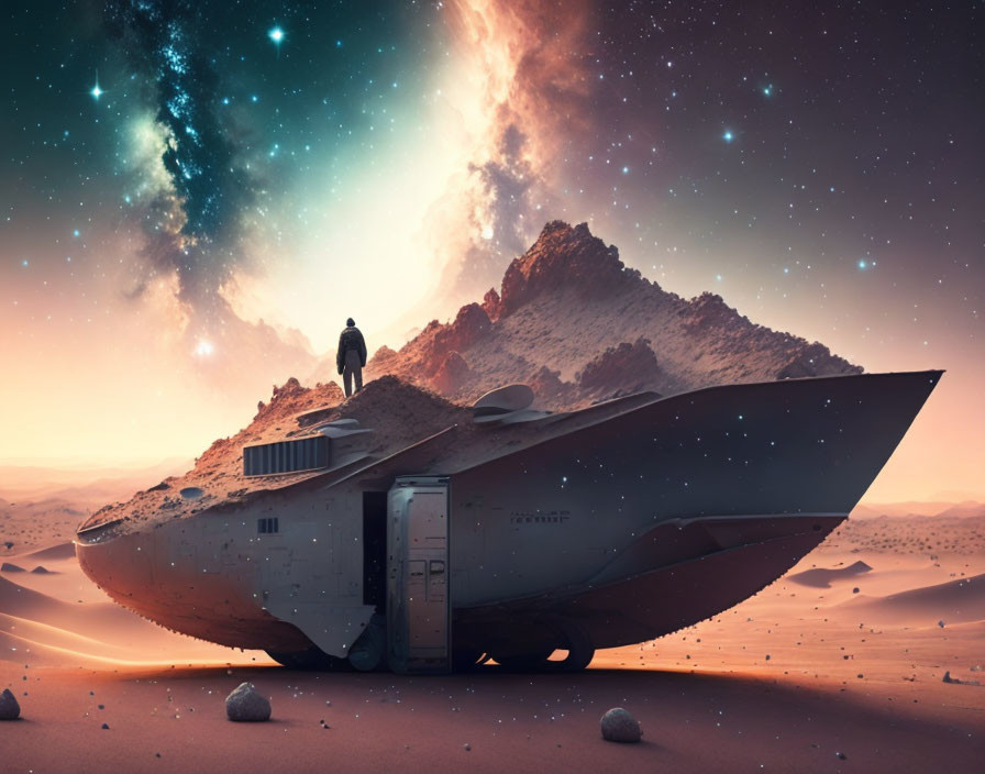 Futuristic spaceship crash in desert under starry sky
