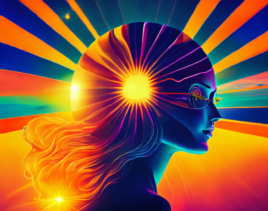 Colorful Psychedelic Silhouette with Sunset Hues and Futuristic Glasses