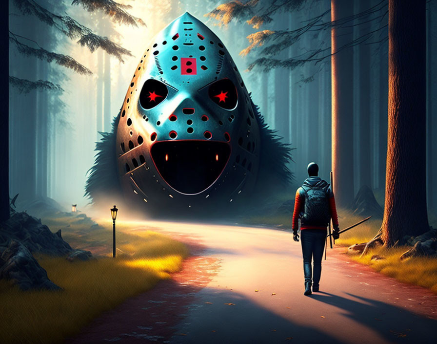 Person with backpack approaching futuristic mask structure in misty forest.