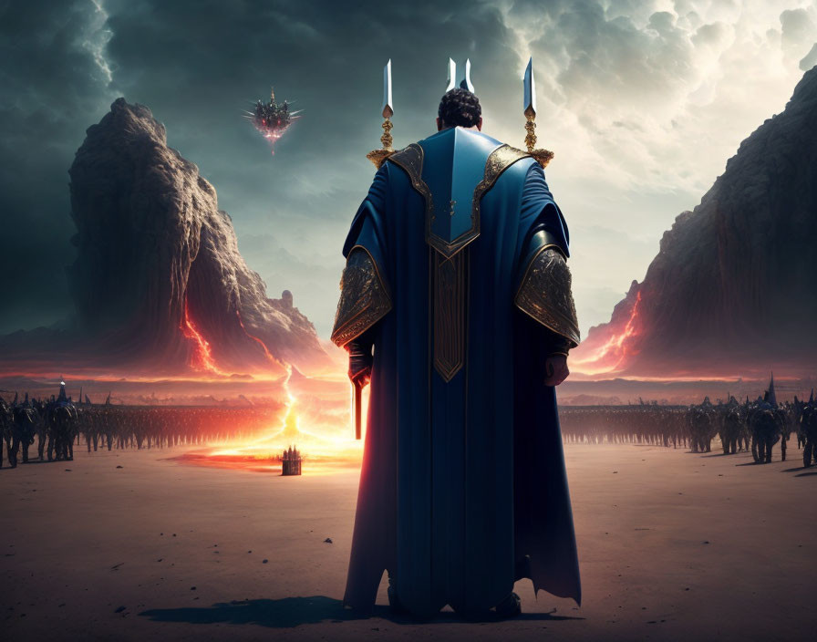 Regal figure in blue cape on epic battlefield with sunset sky.