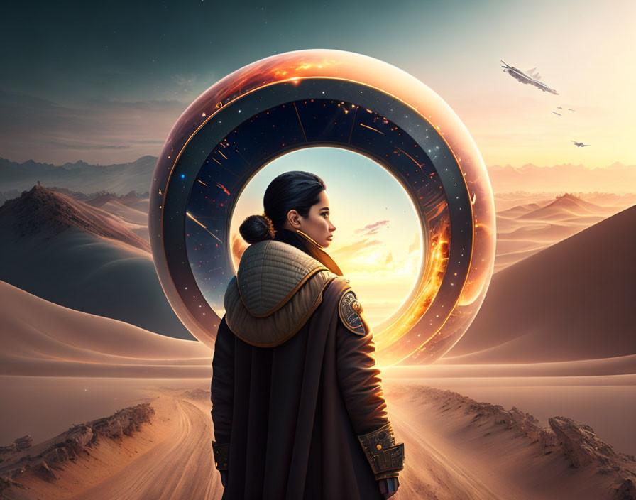 Futuristic portal with woman, desert landscape, mountains, sunset, and spaceships