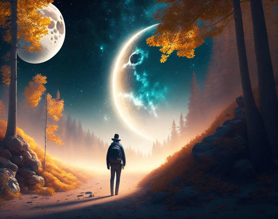 Person walking to oversized crescent moon in surreal forest