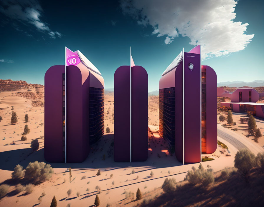 Purple Conical-Top Buildings in Desert Landscape with Blue Sky