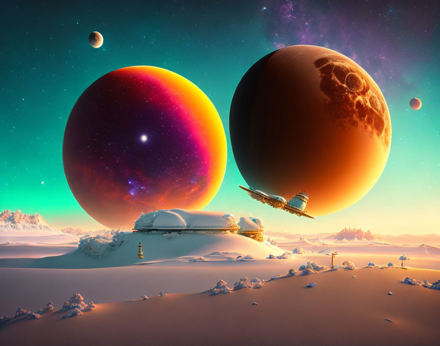 Futuristic sci-fi landscape with spaceship, celestial bodies, and icy desert terrain