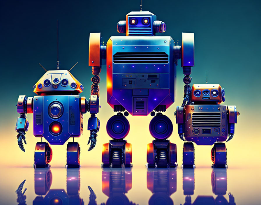 Colorful Retro-Styled Robots with Antenna Heads on Gradient Background