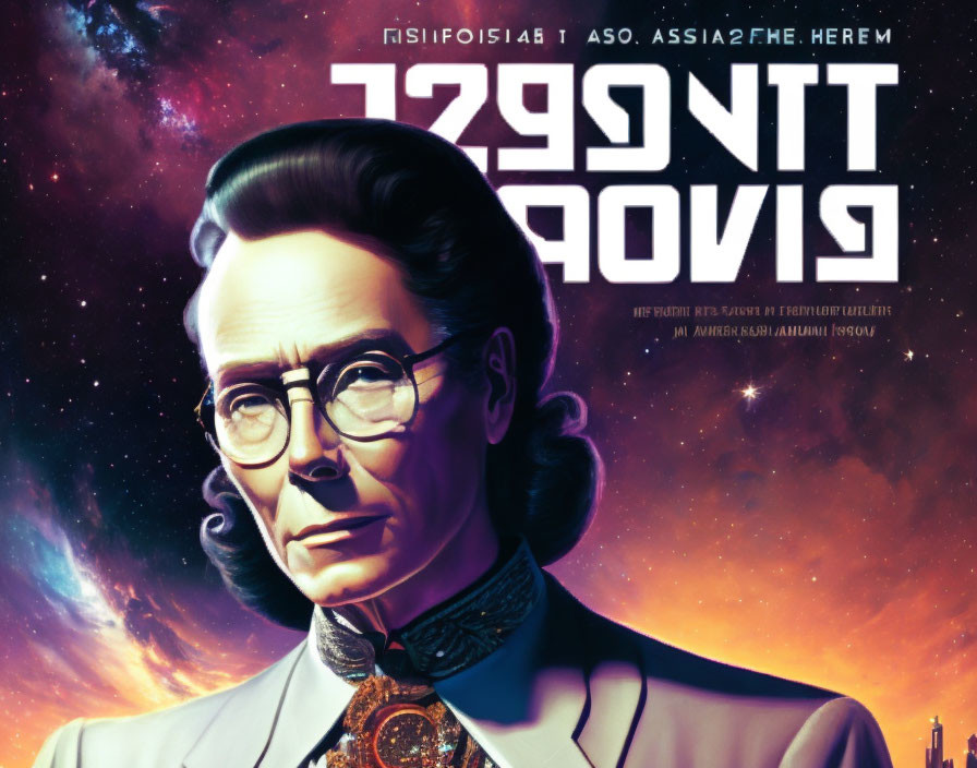 Stylized vintage poster: Woman in suit with glasses on cosmic background.