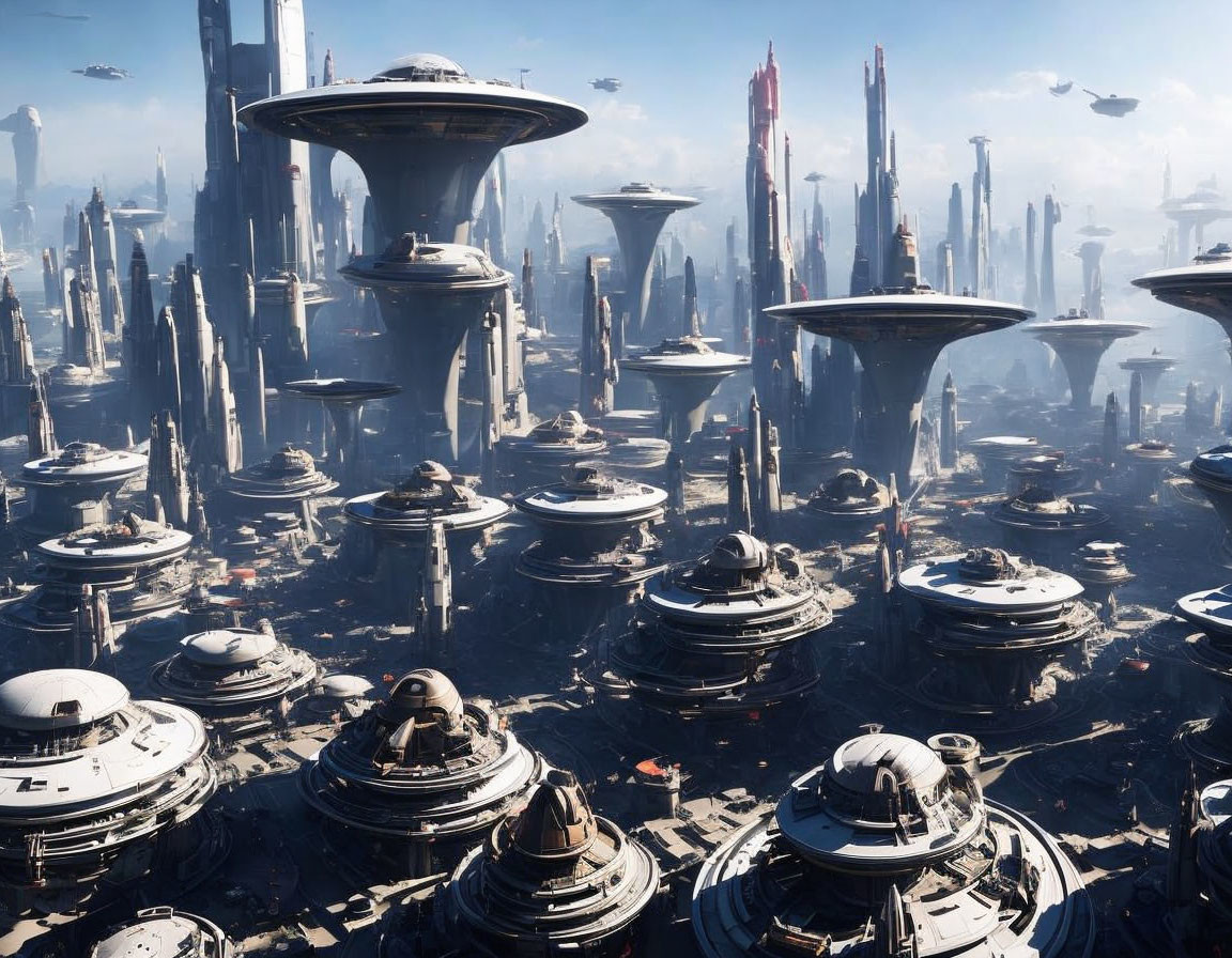Futuristic cityscape with skyscrapers, flying vehicles, and elevated platforms