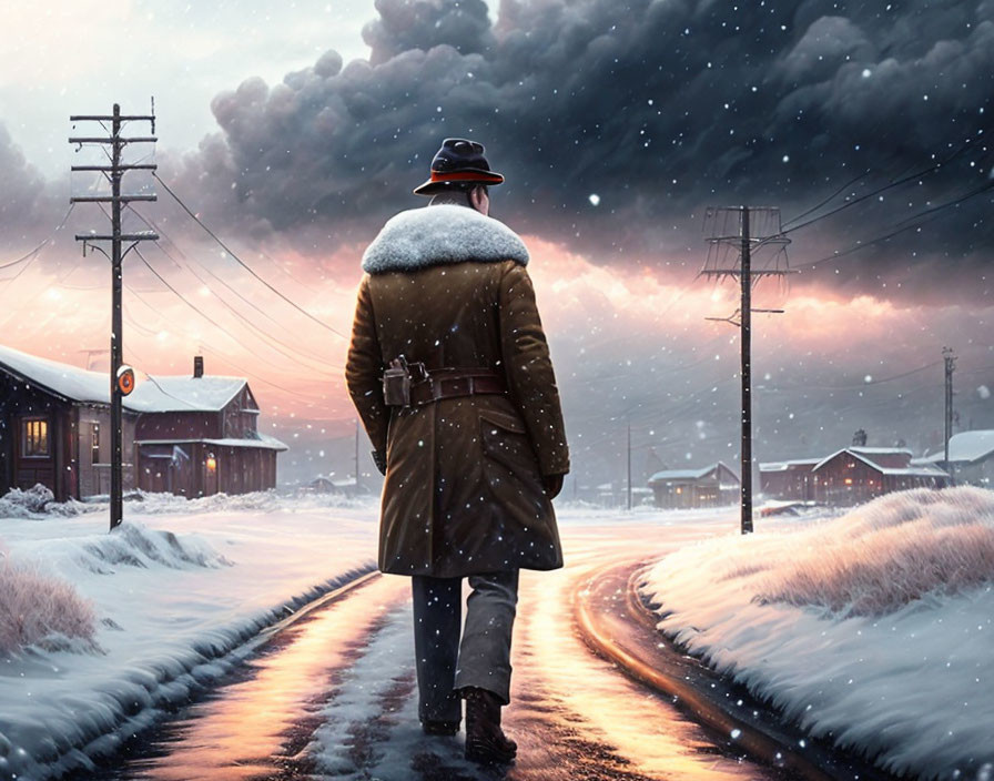 Person in vintage coat and hat on snowy road at dusk