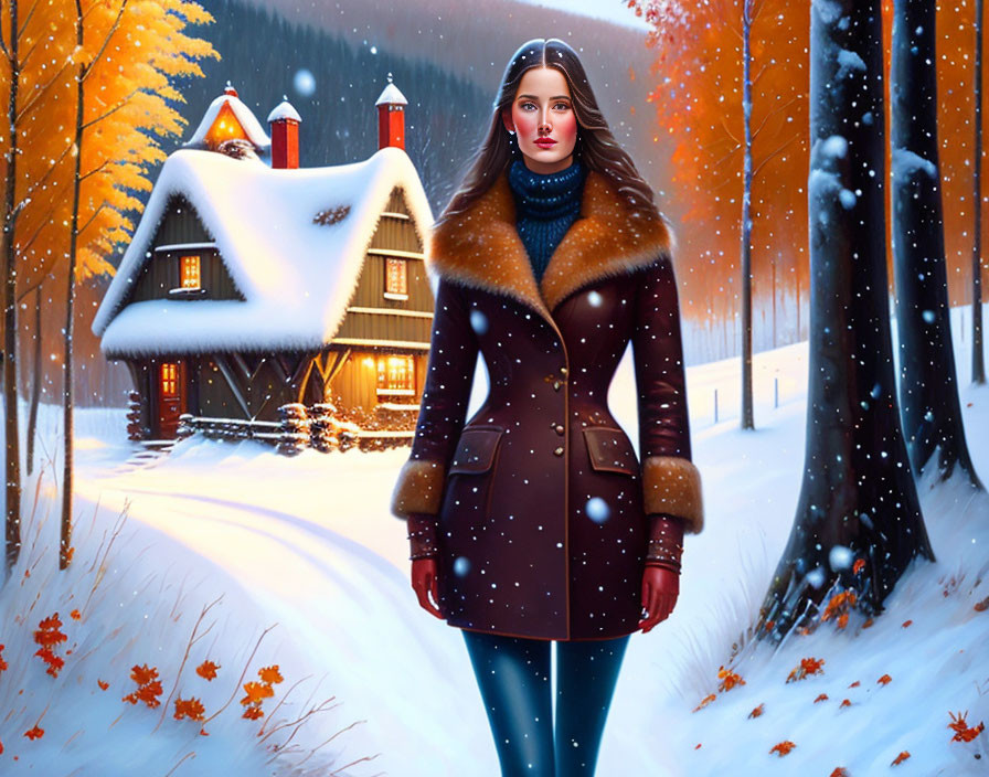 Woman in winter coat standing in snowy landscape with cozy house and falling snowflakes.