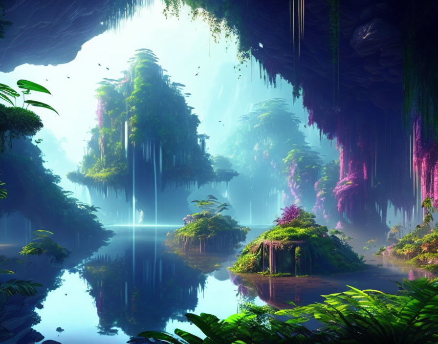 Fantasy landscape with lush greenery, floating islands, tranquil lake
