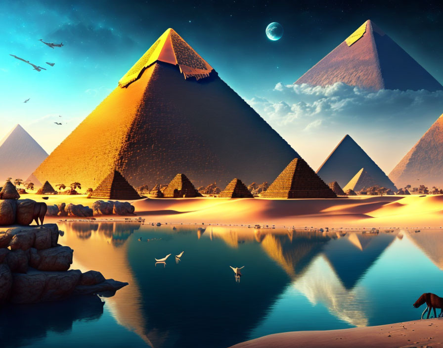 Surreal landscape with illuminated pyramids, moon, river, and animals at dusk or dawn