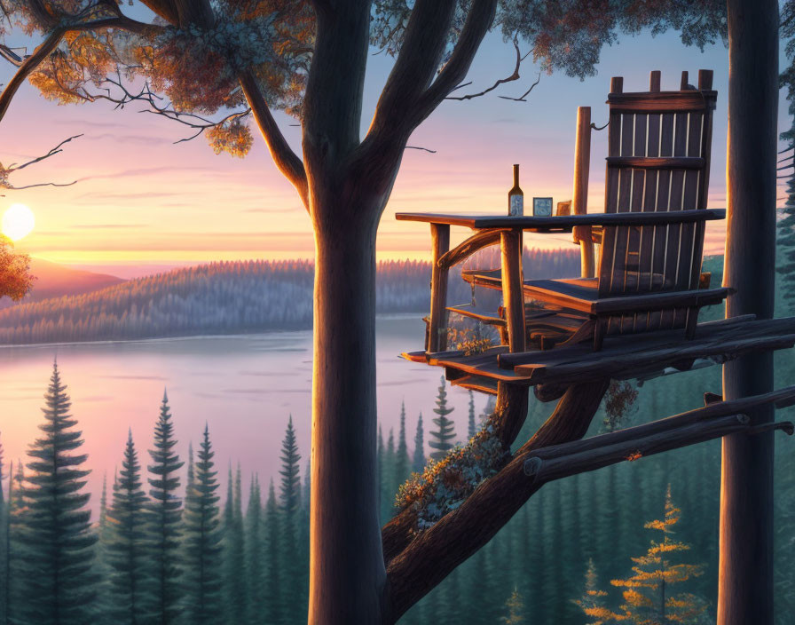 Tranquil sunset scene with treehouse platform, chair, lake, and bottle.