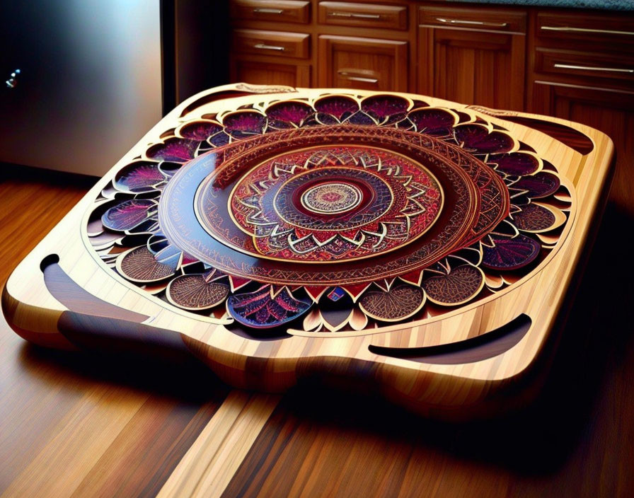 Intricate Purple Mandala Design on Wooden Board