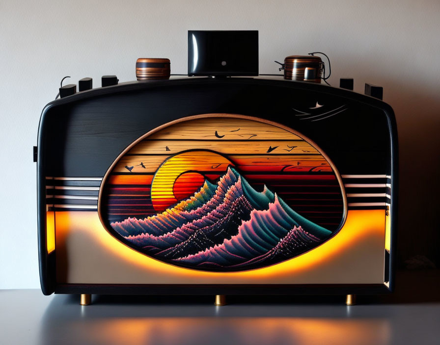 Colorful retro-style radio with illuminated sunset artwork over mountain ranges.