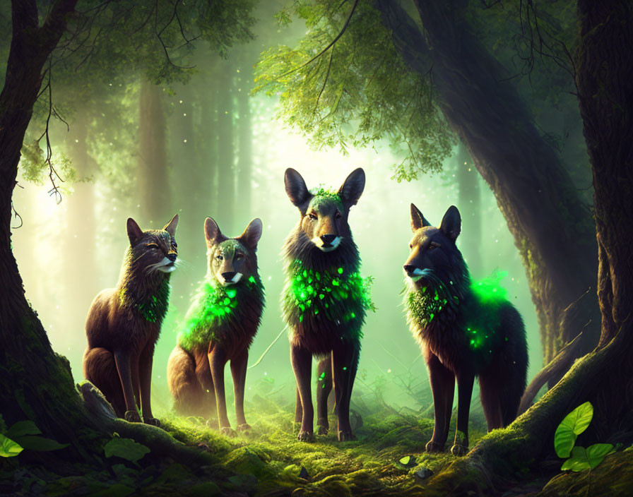 Mystical foxes with glowing green markings in lush forest