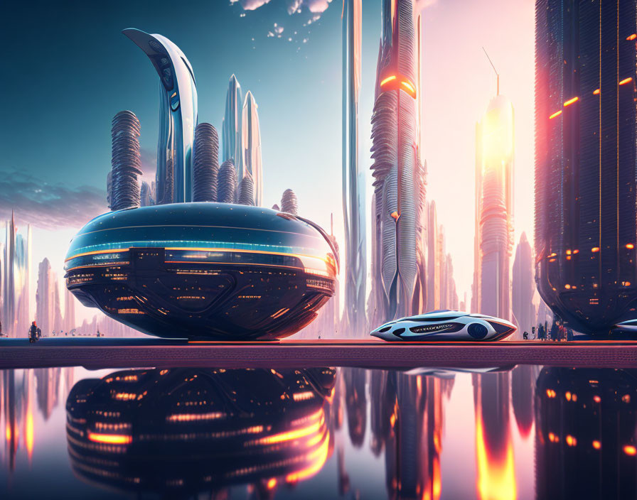 Futuristic cityscape with high-rise buildings and flying vehicles on glossy surface