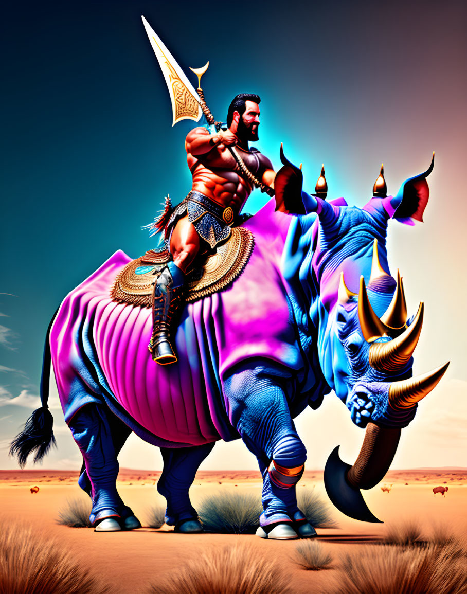 Muscular warrior riding purple rhinoceros in fantastical desert landscape