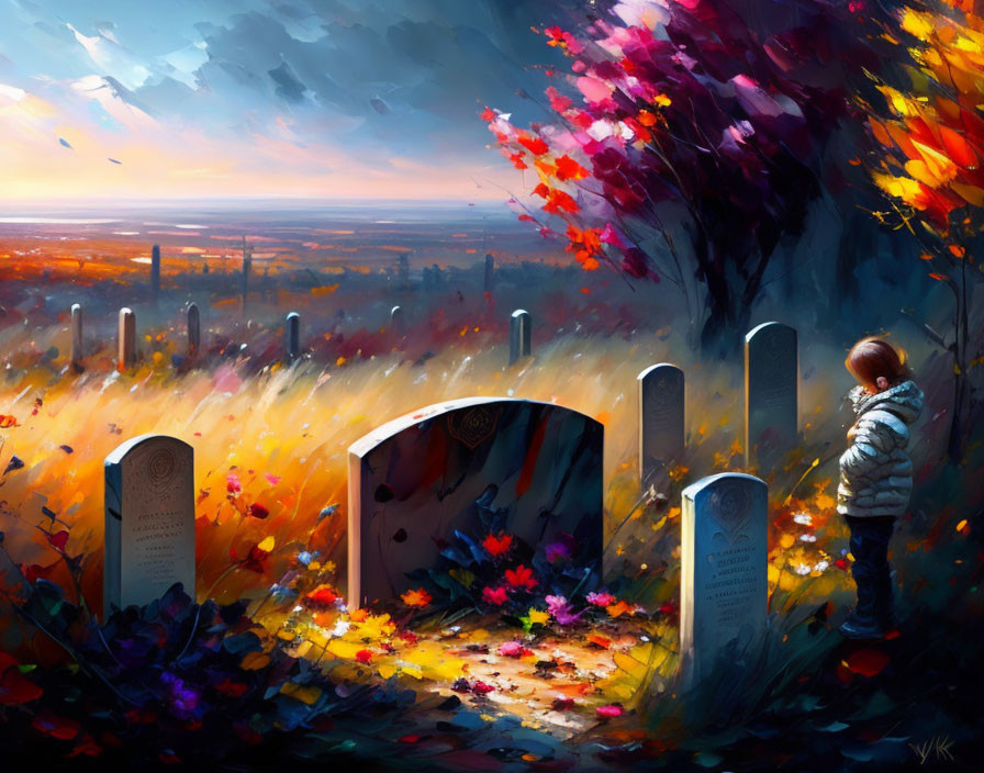 Child in autumn cemetery with vibrant sunset landscape