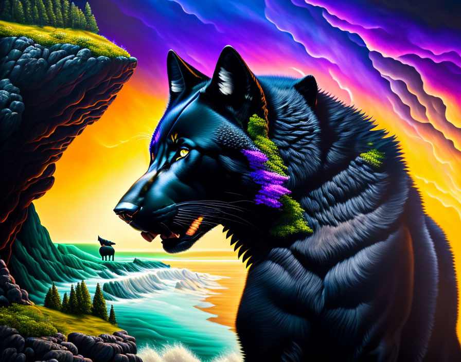 Colorful Black Wolf with Iridescent Fur in Nature Scene