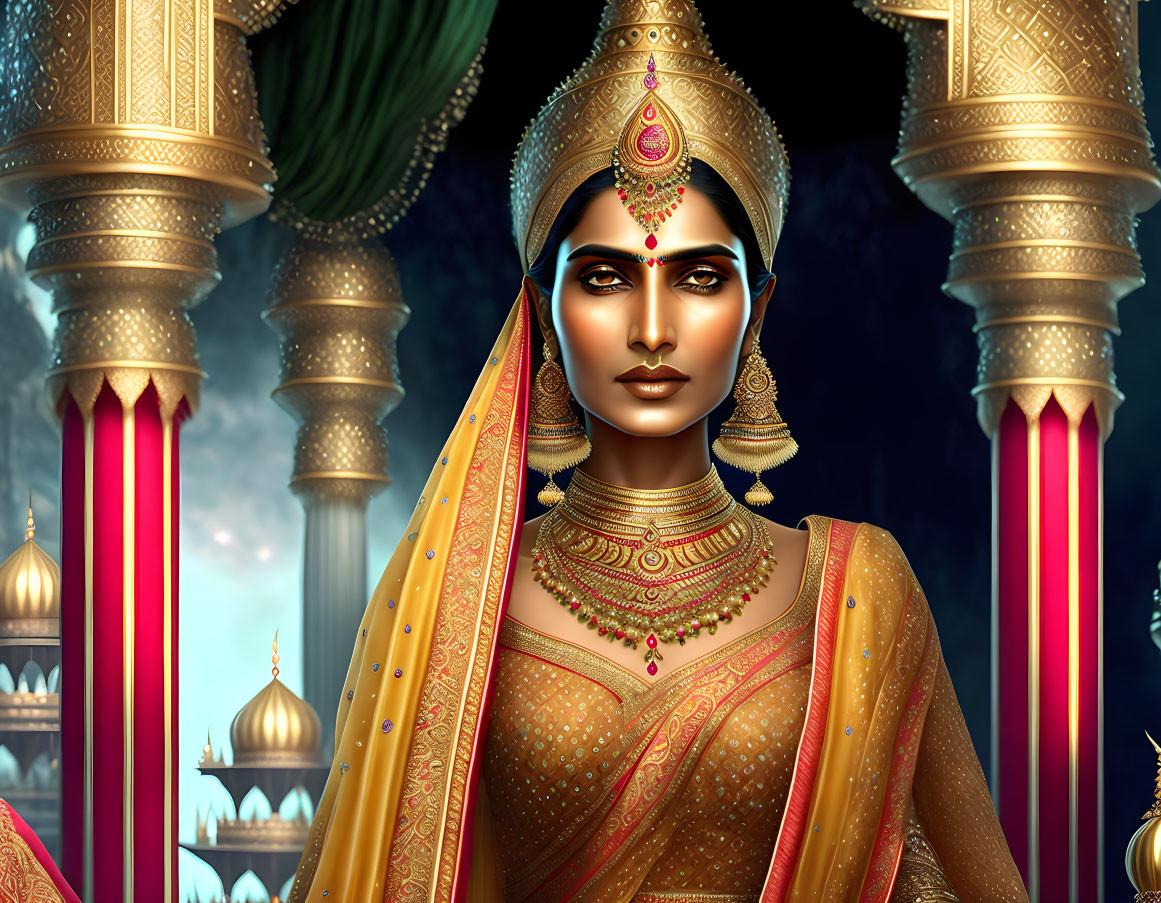 Regal Indian woman in traditional attire with gold jewelry against ornate backdrop