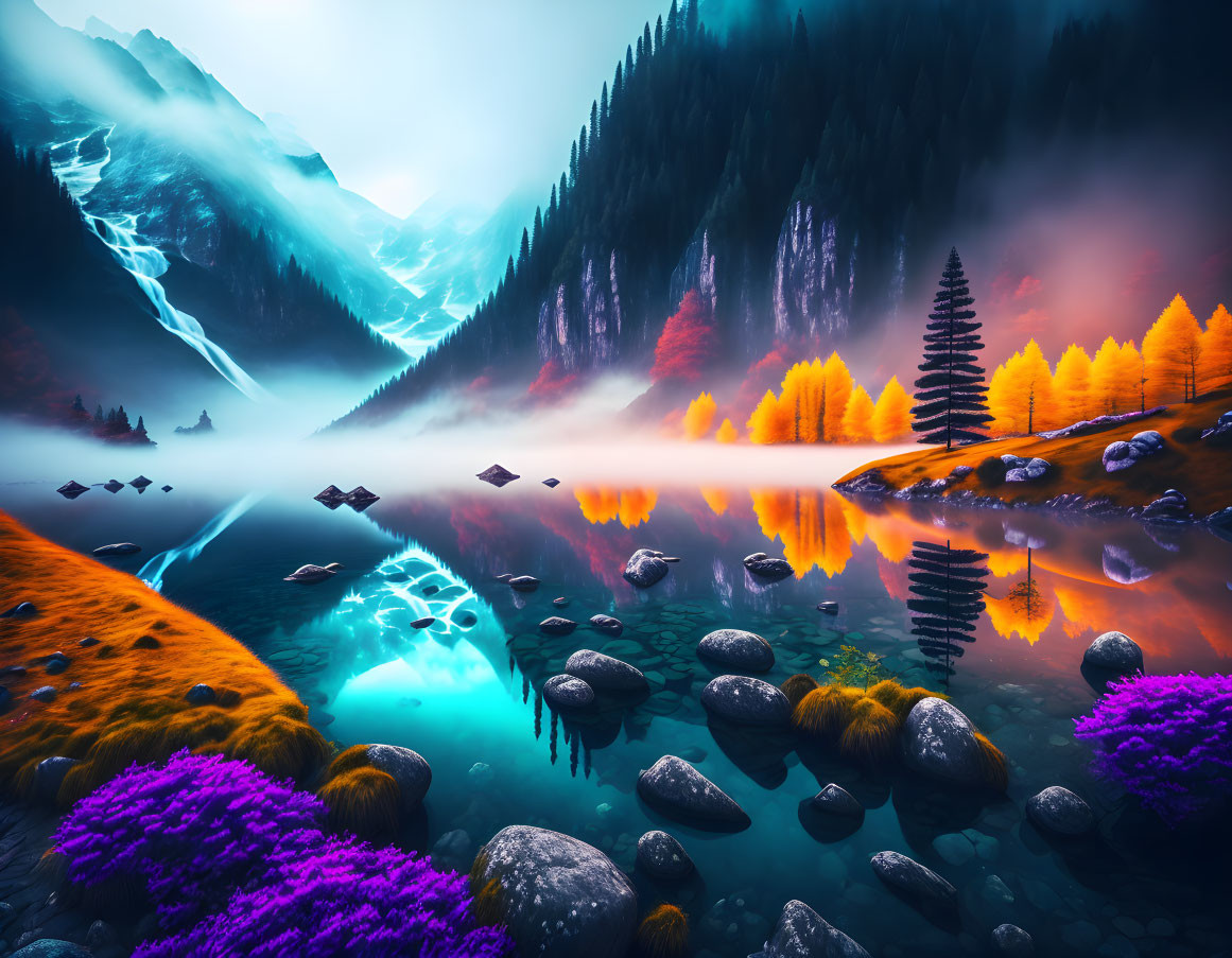 Scenic landscape: misty lake, colorful foliage, purple flowers, mountains, water reflections