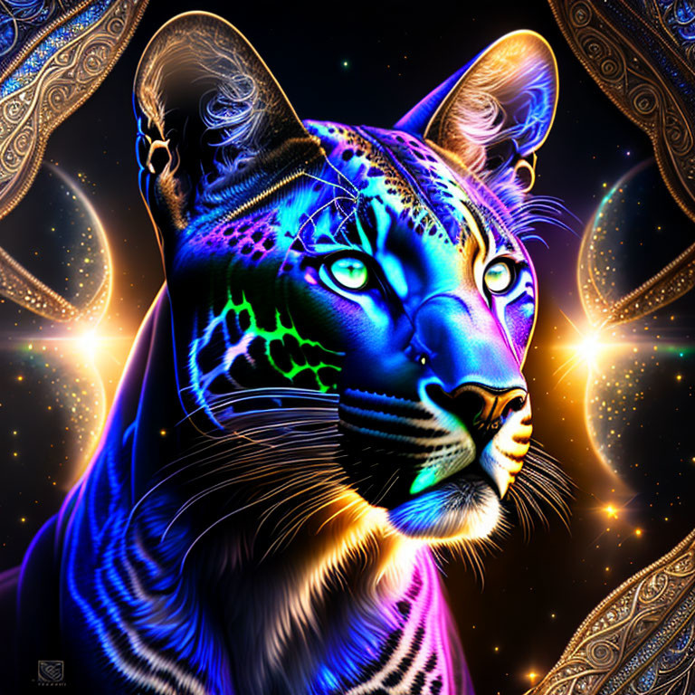 Colorful Leopard Face Illustration on Cosmic Background