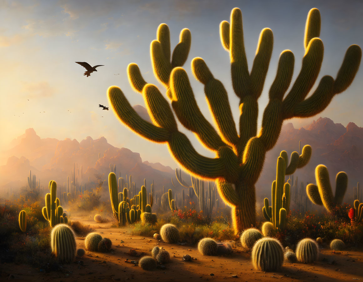 Tranquil desert sunrise scene with cactus, birds, and mountains