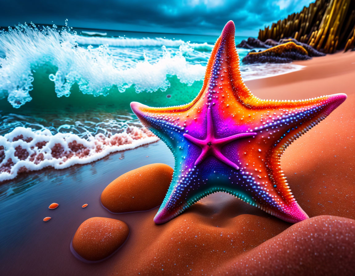 Colorful Starfish on Sandy Beach with Crashing Waves and Dramatic Sky