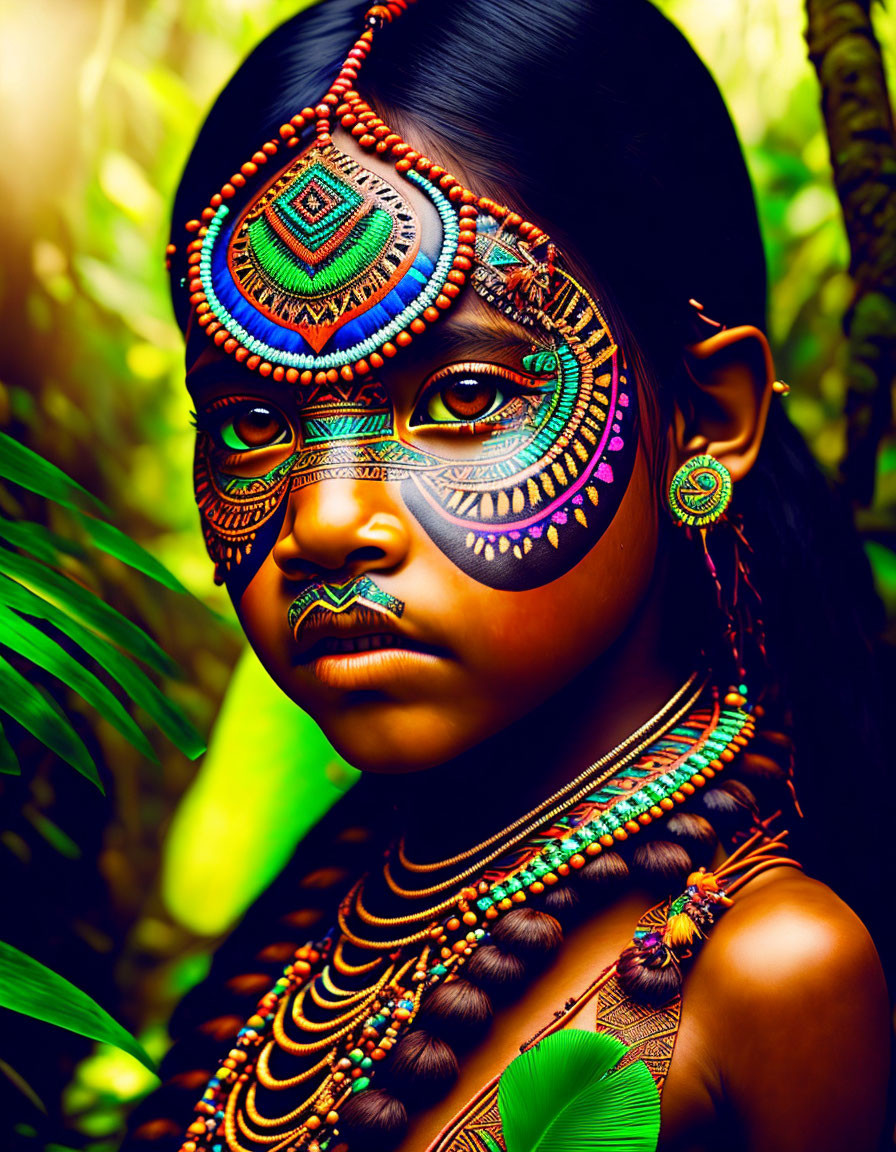 Young girl with colorful tribal face paint in lush greenery