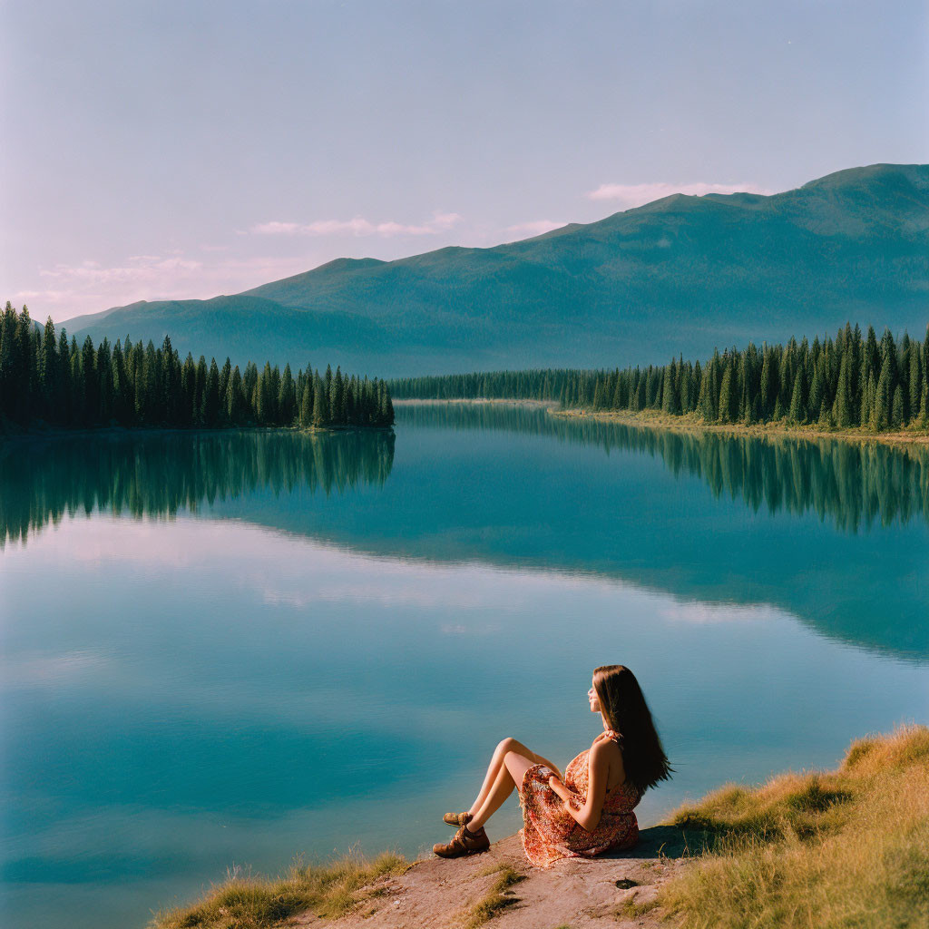 Woman in Red Dress Relaxing by Serene Lake in Mountainous Landscape