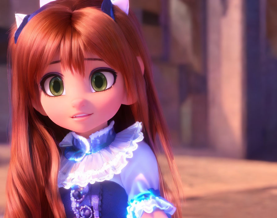Green-eyed 3D animated female character in blue Victorian dress with cat ears