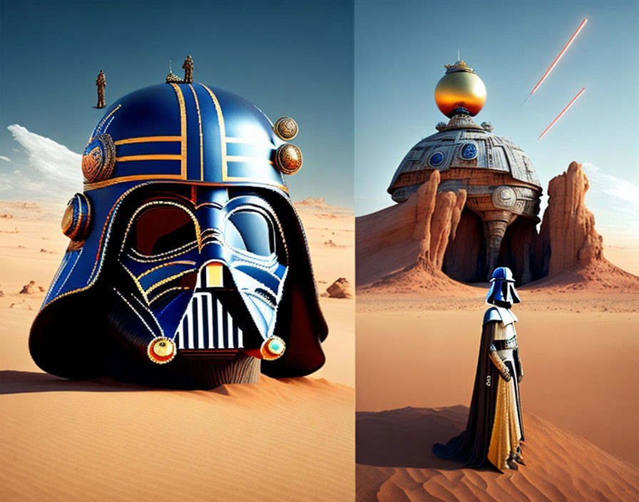 Star Wars characters in desert landscapes: Darth Vader helmet dwelling, droid nomad by hut