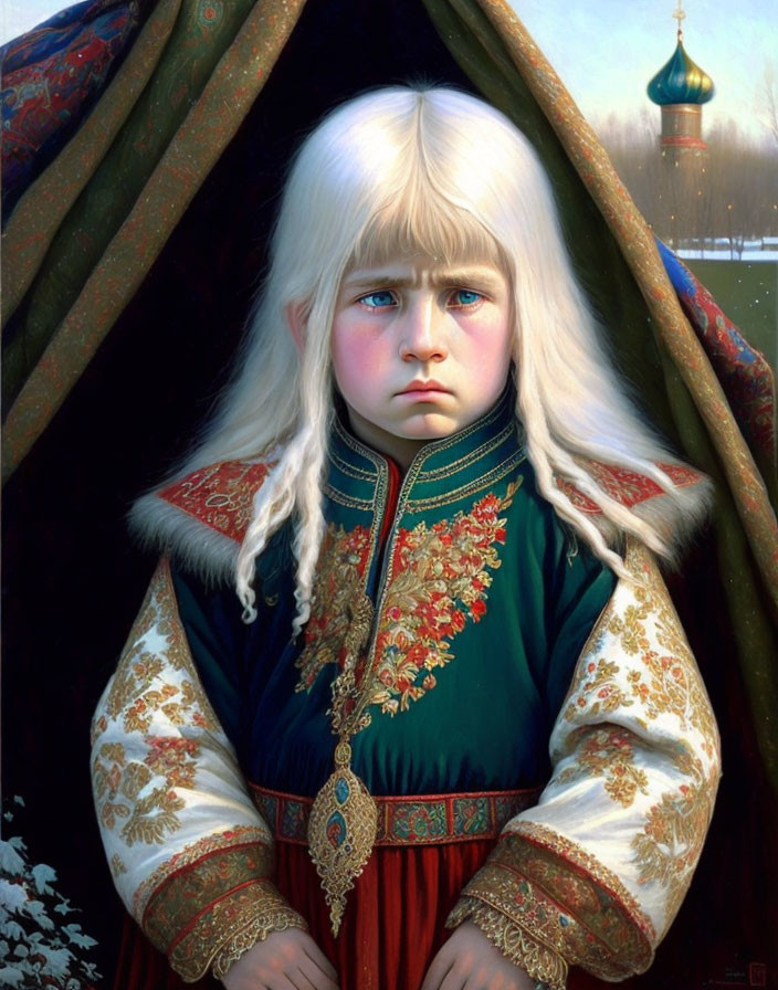 Young child in Russian attire before church dome.