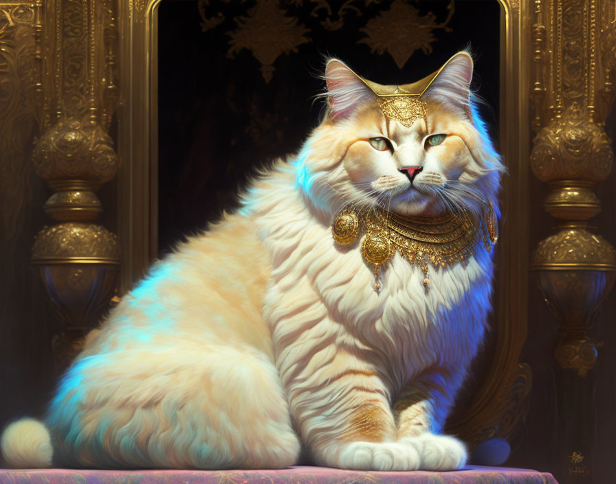 Fluffy Cat with Golden Jewelry in Front of Ornate Mirror
