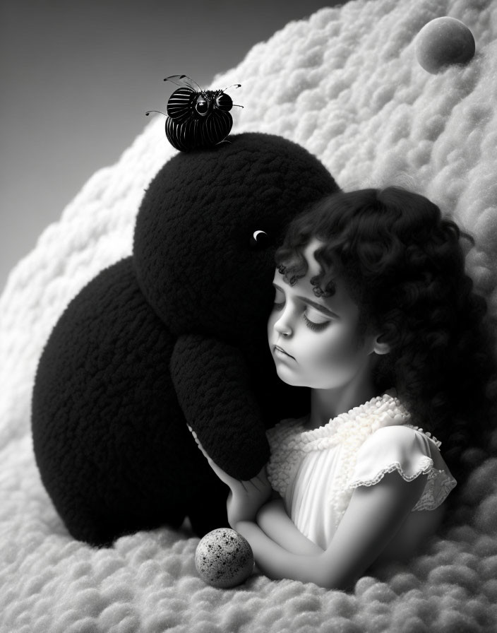 Monochrome photo of young girl hugging elephant toy on fluffy background