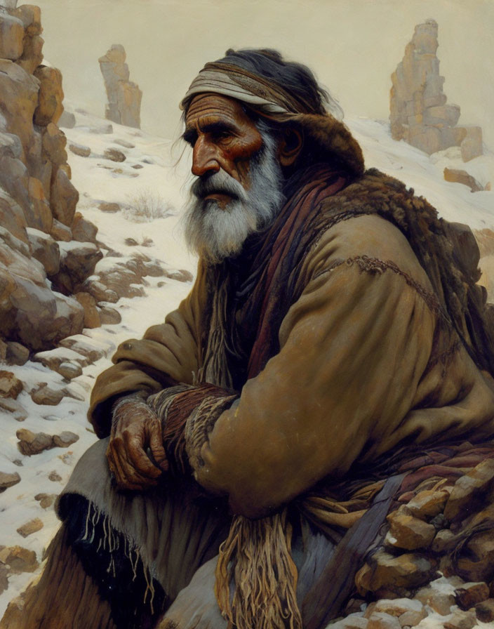 Elderly man with white beard in brown cloak against desert backdrop