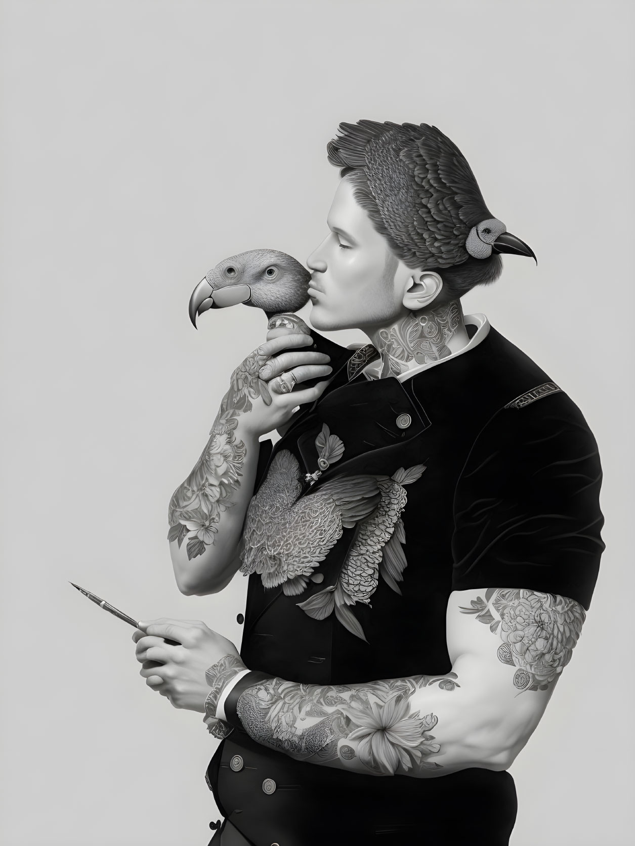 Monochrome tattooed person in black outfit with parrot on hand