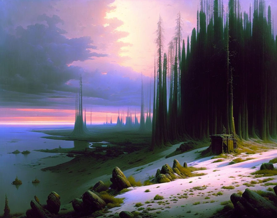 Surreal landscape with tall trees, spire, twilight sky, snow, and water.
