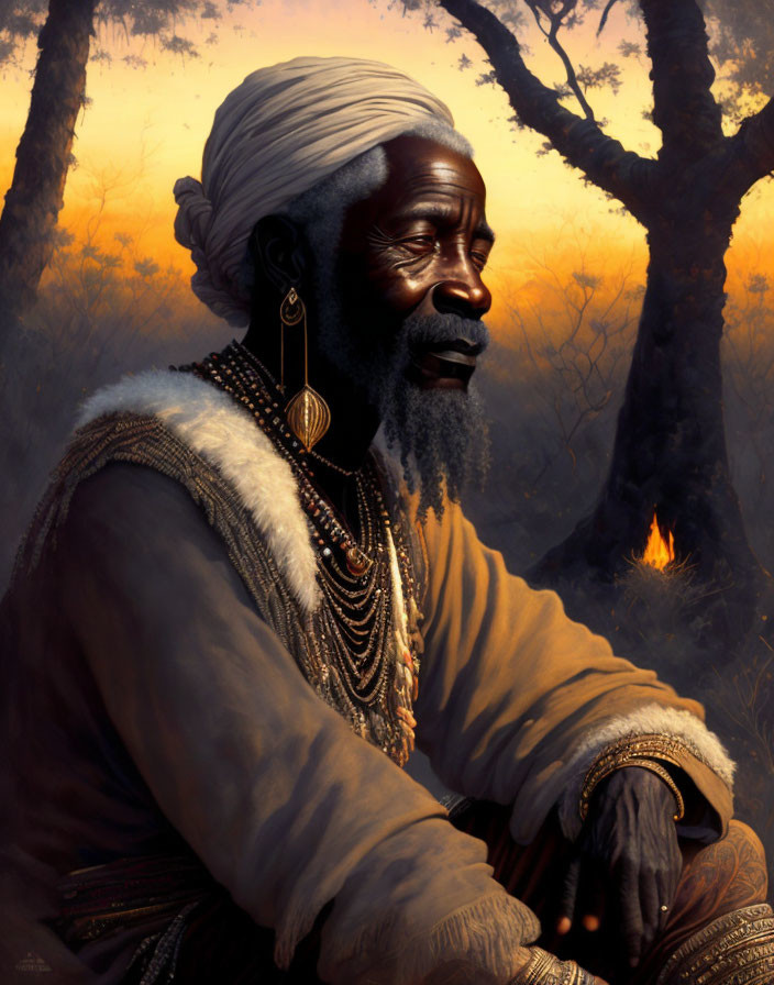 Elder in white turban and fur coat sitting in forest at dusk