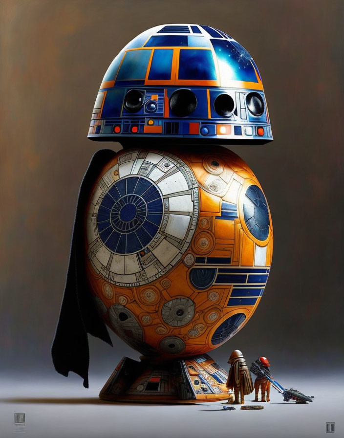 Stylized artwork of merged R2-D2 and BB-8 droids with Jawa and