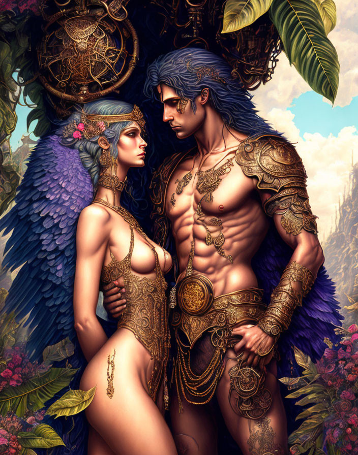 Fantasy characters with wings in lush jungle setting