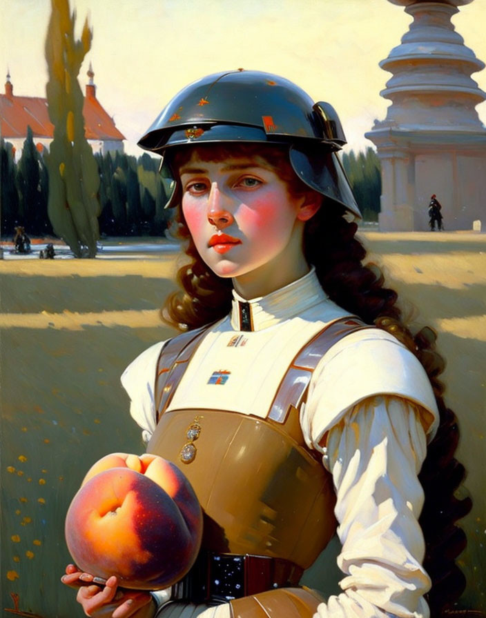 Young woman in military-style uniform holding a peach in serene landscape