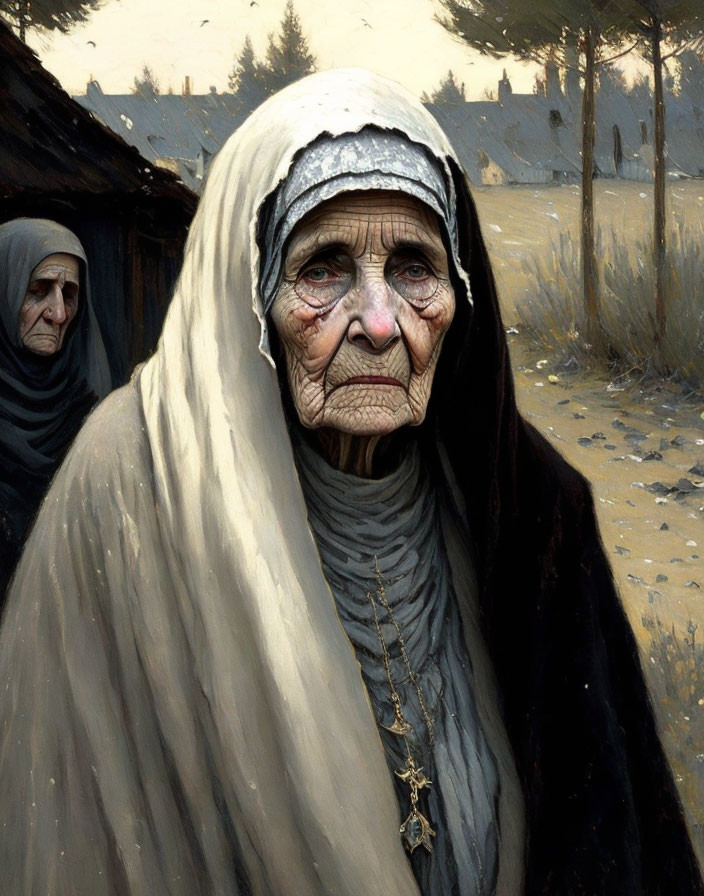 Elderly woman in traditional attire with sorrowful gaze, another woman in background