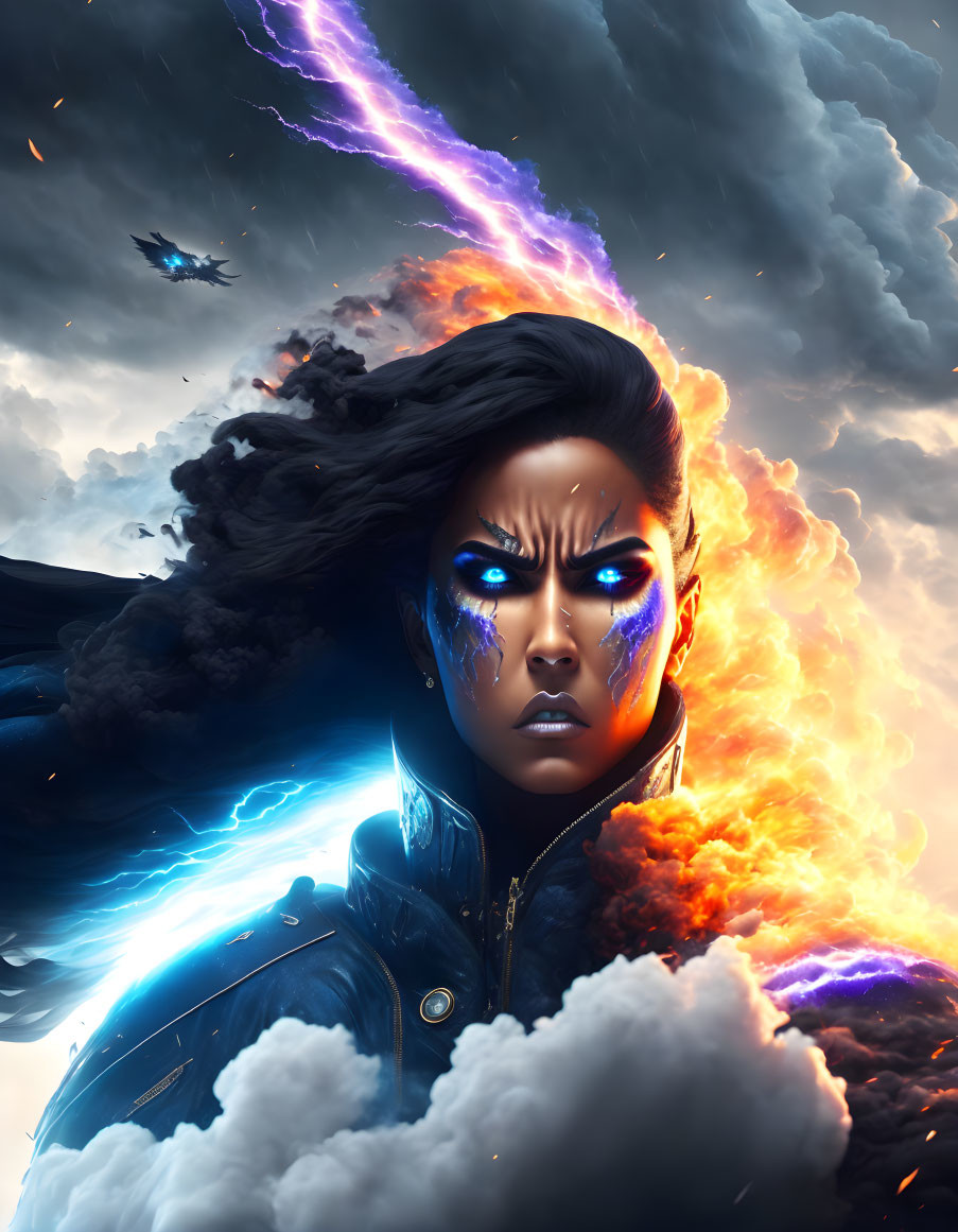 Woman with glowing blue eyes and lightning effects in jacket under dramatic sky